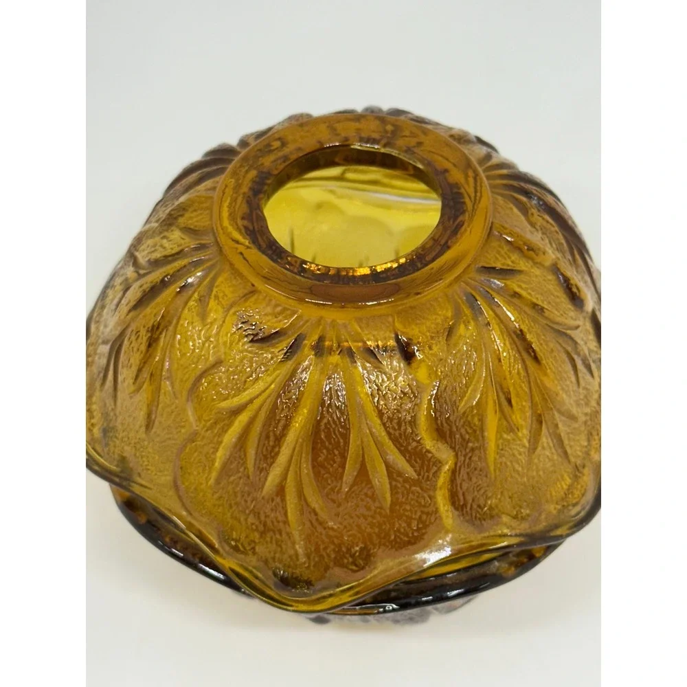 VTG Indiana Glass Fairy Lamp Amber Leaf Pattern Two Piece Votive Candle Holder